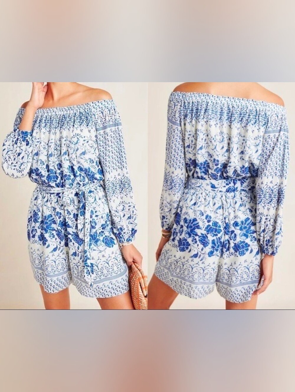 Anthropologie Clemente White Blue Floral Off-Shoulder Romper Small